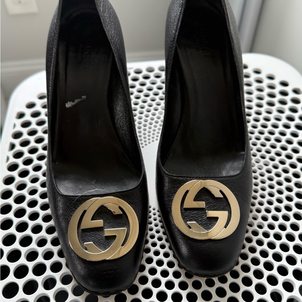Gucci Black Heels with Gold Emblem